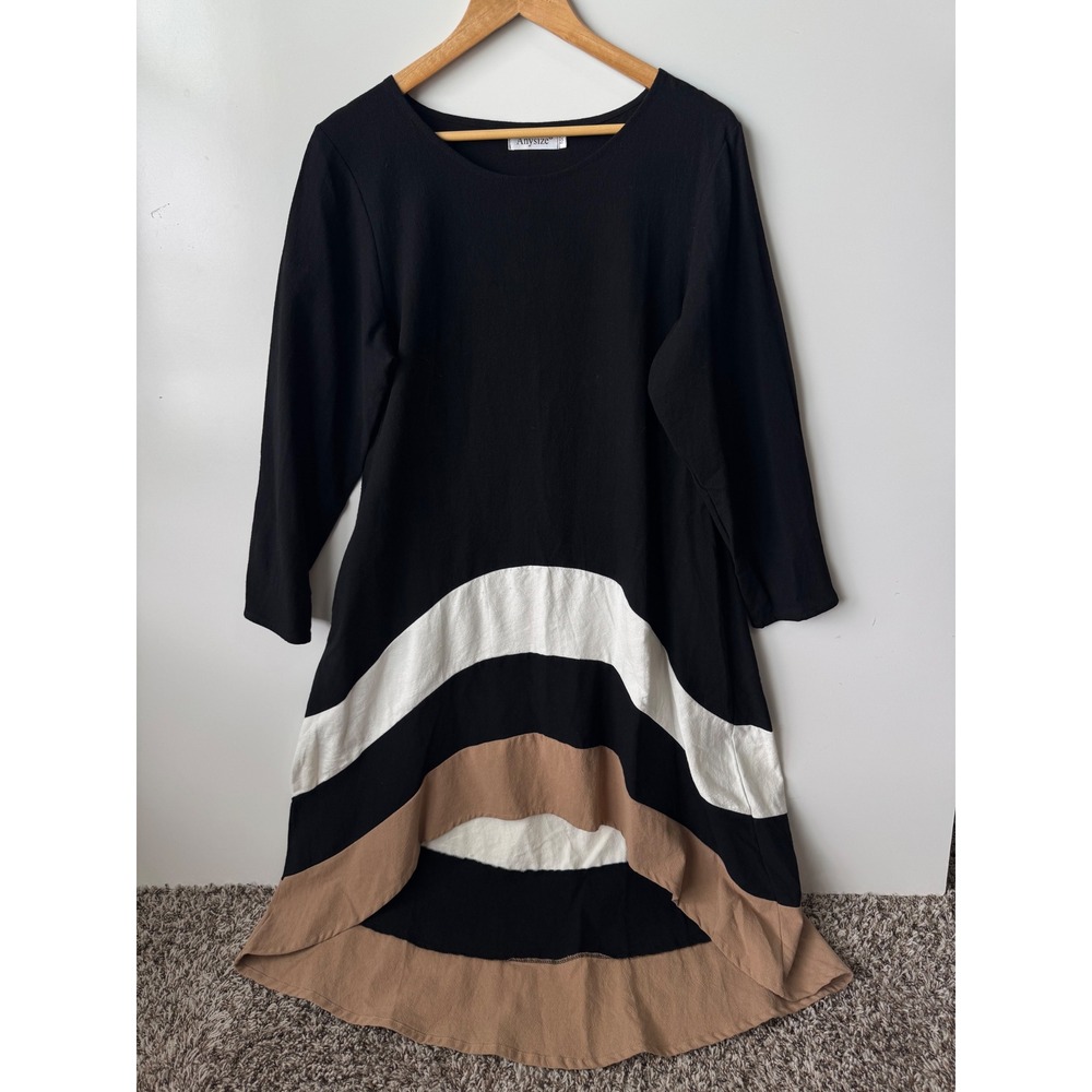 Anysize Color Block Dress Long Sleeve Casual Tunic Dress Size M‎
